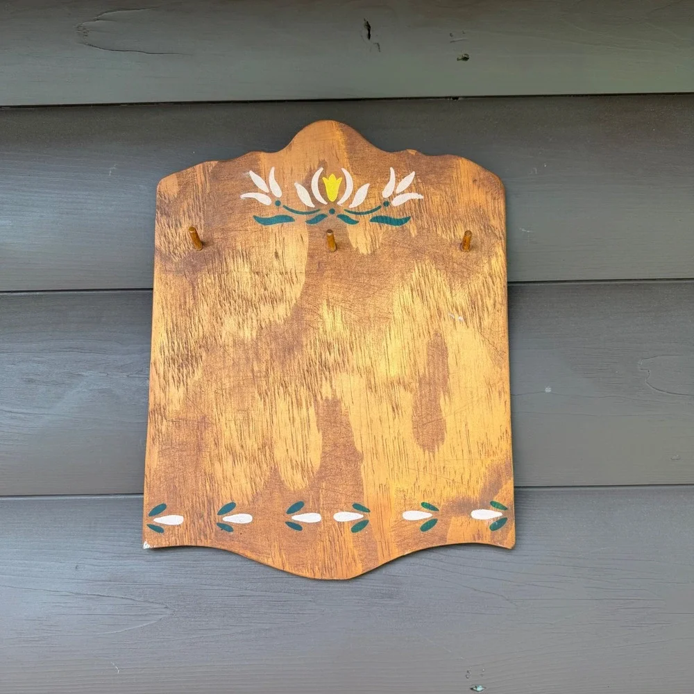 Vintage Wooden Wall Hanging Key Rack Brown Hand Painted Floral Folk Art Decor